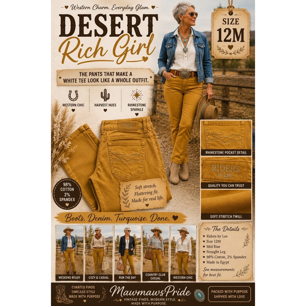 Desert Rich Girl Mustard Twill Pants‎ Rhinestone Pocket Western Chic 12M